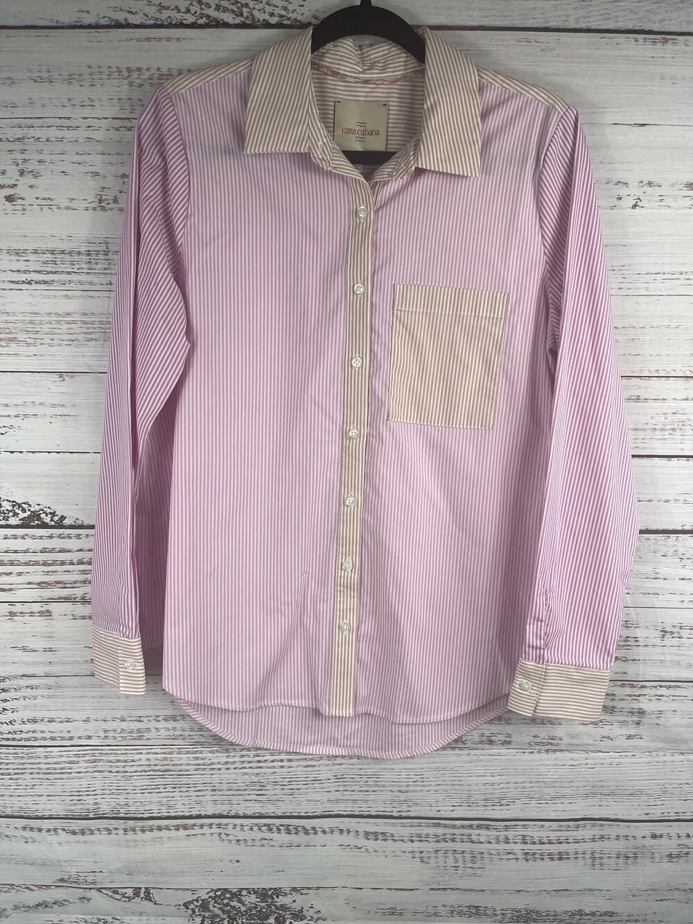 Casa Cabana Shirt Women's SZ S Pink Stripe Long Sleeve Button Up Contrast Collar